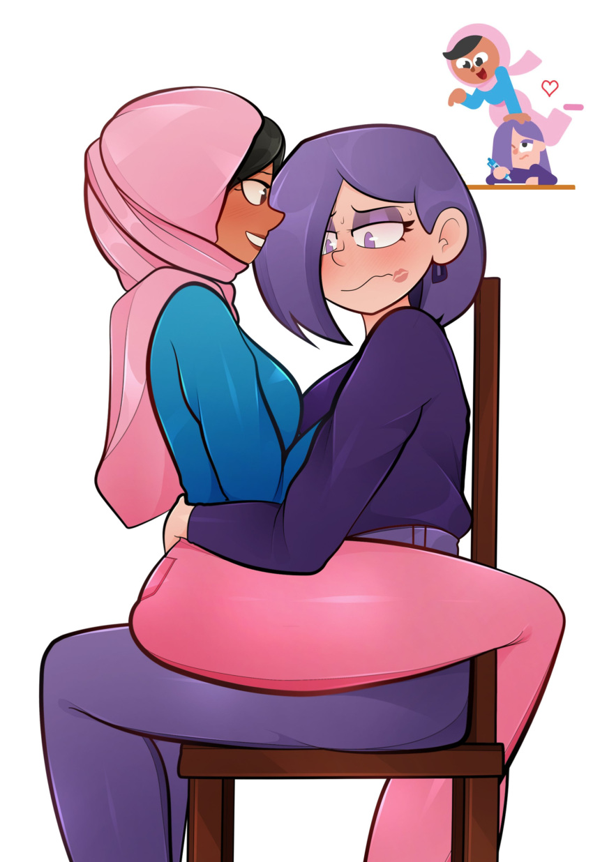 2girls absurdres arkeus_165 black_hair blue_shirt chair dark-skinned_female dark_skin duolingo eyeshadow feet_out_of_frame heart highres hijab lily_(duolingo) lipstick_mark long_sleeves makeup multiple_girls pants pink_pants purple_eyeshadow purple_hair purple_pants purple_shirt shirt shirt_tucked_in sitting sitting_on_lap sitting_on_person yuri zari_(duolingo)