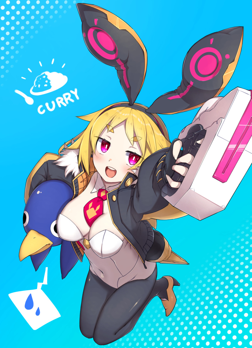 1girl aged_up animal_ears blonde_hair breasts cleavage cropped_jacket demon_girl disgaea disgaea_rpg fingerless_gloves gloves gun high_heels highres holding holding_gun holding_weapon jacket leotard makai_senki_disgaea makai_senki_disgaea_5 necktie open_clothes open_jacket open_mouth prinny rabbit_earmuffs rabbit_ears red_eyes short_hair sphere_stone thick_eyebrows usalia_(disgaea) weapon white_leotard