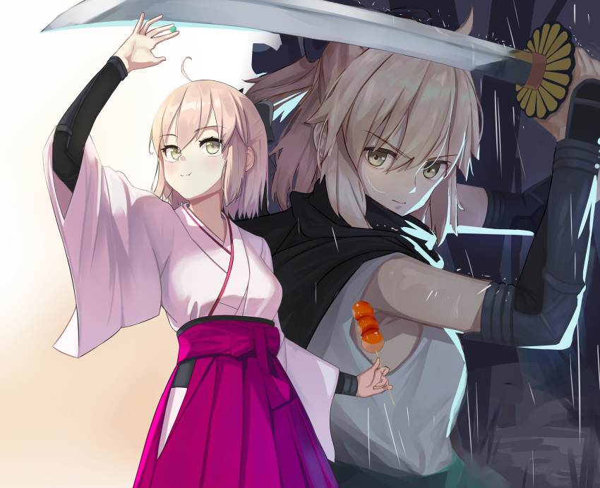 1girl absurdres ahoge arm_armor arm_up armor between_fingers black_bow black_cape blonde_hair blush bow branch breasts cape closed_mouth dango fate/grand_order fate_(series) food forest gradient_background grass hair_between_eyes hair_bow hakama hakama_skirt hands_up highres holding holding_food holding_sword holding_weapon japanese_clothes katana long_sleeves looking_at_viewer looking_up medium_breasts nanado27_7 nature night night_sky okita_souji_(fate) okita_souji_(koha-ace) orange_background outdoors pink_bow pink_skirt ponytail purple_sky rain shirt short_hair short_ponytail simple_background skirt sky solo standing sword tank_top tree v-shaped_eyebrows wagashi weapon white_background white_shirt white_tank_top wide_sleeves yellow_eyes