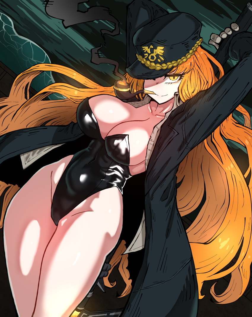 1girl absurdres black_leotard cameltoe coat glowing glowing_eyes green_background green_coat hat highres ishmael_(project_moon) leotard limbus_company looking_at_viewer open_clothes open_coat orange_hair project_moon sailor sailor_hat smoking smoking_pipe solo wwo2002 yellow_eyes