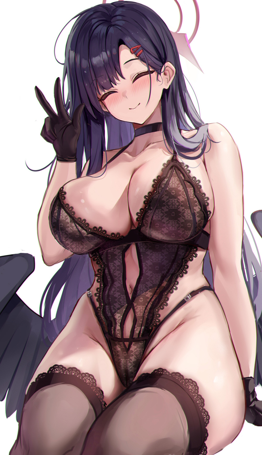 1girl ^_^ black_choker black_gloves black_hair black_wings blue_archive breasts brown_thighhighs choker closed_eyes closed_mouth collarbone commentary gloves hair_ornament hair_over_shoulder hairclip halo highres ichika_(blue_archive) large_breasts long_hair low_wings navel parted_bangs red_halo simple_background smile solo stone_(ksorede) thighhighs thighs w white_background wings