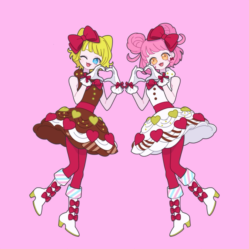 2girls blonde_hair blue_eyes blunt_bangs boots bow brown_dress cone_hair_bun double_bun dress full_body gloves hair_bow hair_bun hands_up heart heart_hands heart_print high_heel_boots high_heels highres idol_clothes in-franchise_crossover kiracchu_(pri_chan) kiratto_pri_chan knee_boots looking_at_viewer minami_mirei multiple_girls nyaasechan one_eye_closed open_mouth orange_eyes pantyhose pink_background pink_hair pretty_series pripara red_bow red_pantyhose short_hair simple_background smile standing star-shaped_pupils star_(symbol) symbol-shaped_pupils white_dress white_footwear white_gloves