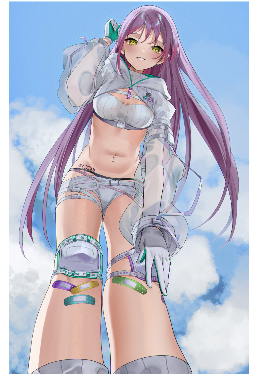 1girl absurdres bandaid belt bibi_(tokoyami_towa) black_panties border breasts chest_belt commentary eredhen feet_out_of_frame from_below gloves green_eyes grey_socks grin hair_down hand_on_own_knee highres hip_tattoo hololive hooded_shrug knee_pads leaning_forward long_hair long_sleeves looking_at_viewer looking_down medium_breasts micro_shorts multiple_belts navel navel_piercing official_alternate_costume panties panty_peek piercing puffy_long_sleeves puffy_sleeves purple_hair revision see-through see-through_sleeves shorts sky smile socks solo standing strapless string_panties tokoyami_towa tokoyami_towa_(5th_costume) tube_top underwear very_long_hair virtual_youtuber white_border white_gloves white_shorts white_shrug white_tube_top winged_heart_tattoo