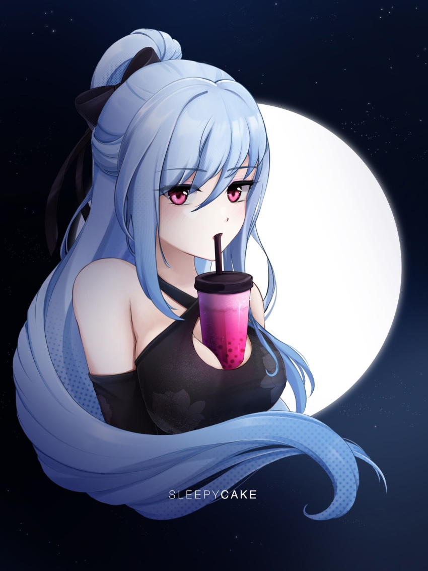 bare_shoulders black_bow black_dress blue_hair bow breasts bubble_tea bubble_tea_challenge cleavage dress drinking drinking_straw facing_to_the_side hair_bow hair_ornament high_ponytail highres honkai:_star_rail honkai_(series) jingliu_(honkai:_star_rail) large_breasts moon night night_sky ponytail sky sleepycake