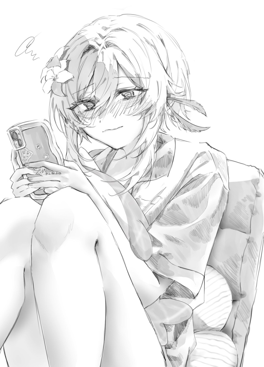 1girl @_@ alternate_costume blush cellphone closed_mouth collared_shirt commentary feather_hair_ornament feathers flower genshin_impact greyscale hair_between_eyes hair_flower hair_ornament hatching_(texture) highres holding holding_phone knees_to_chest looking_at_phone lumine_(genshin_impact) monochrome phone raloloit shirt short_hair short_hair_with_long_locks sidelocks sitting sketch solo symbol-only_commentary white_background