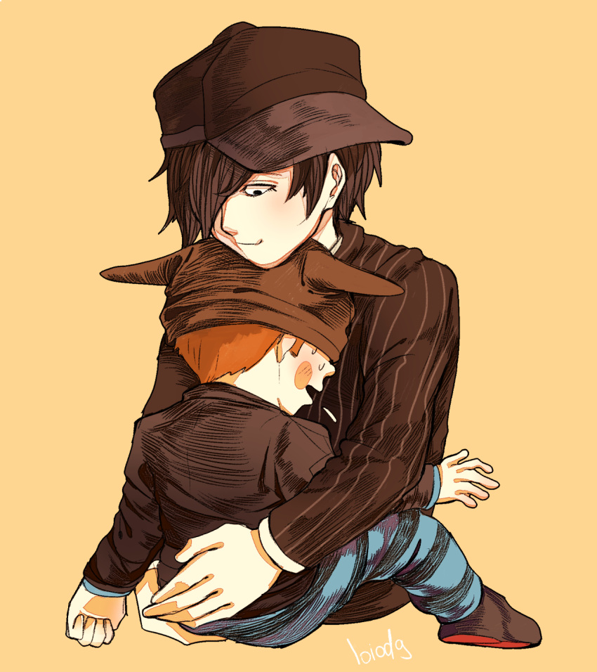 2boys animal_ear_headwear animal_ears arms_around_waist artist_name baseball_cap beanie black_eyes black_footwear black_hair black_hat black_jacket black_pants black_sleeves blue_pants blush blush_stickers candy_stick cat_ears closed_mouth commentary cropped_legs cuffs danganronpa_(series) danganronpa_v3:_killing_harmony eyelashes fake_animal_ears from_behind full_body hair_over_one_eye hand_on_another's_hip hands_on_another's_back hat height_difference highres hoshi_ryoma hug jacket layered_sleeves leather leather_jacket light_blush loiodg long_sleeves looking_at_another looking_down male_focus multiple_boys open_mouth orange_hair pants pinstripe_jacket pinstripe_pattern saihara_shuichi shackles shoes short_hair sideways_hat simple_background single_ankle_cuff sitting smile striped_clothes striped_pants sweat two-tone_pants vertical-striped_sleeves yaoi yellow_background