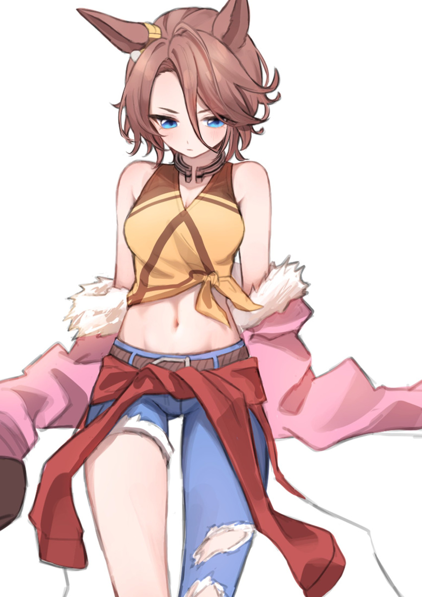 1girl animal_ears asymmetrical_clothes asymmetrical_pants bare_shoulders belt blue_eyes breasts brown_hair clothes_around_waist fur-trimmed_jacket fur_trim hair_between_eyes highres horse_ears horse_girl jacket jacket_around_waist katuko_deluxe looking_down medium_breasts midriff narita_taishin_(umamusume) navel short_hair simple_background single_pantsleg solo umamusume white_background