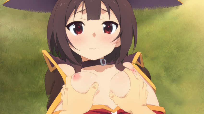 1boy 1girl :i black_choker blunt_bangs blush breasts brown_cape brown_hair cape choker closed_mouth clothes_pull collarbone commentary_request day dress_pull grabbing grabbing_another's_breast grass hetero highres kono_subarashii_sekai_ni_shukufuku_wo! looking_at_viewer lying megumin nipples on_back on_grass outdoors paid_reward_available pout pov pov_hands red_eyes short_hair_with_long_locks shy small_breasts toraya_(doujintraya) tsurime upper_body wavy_mouth