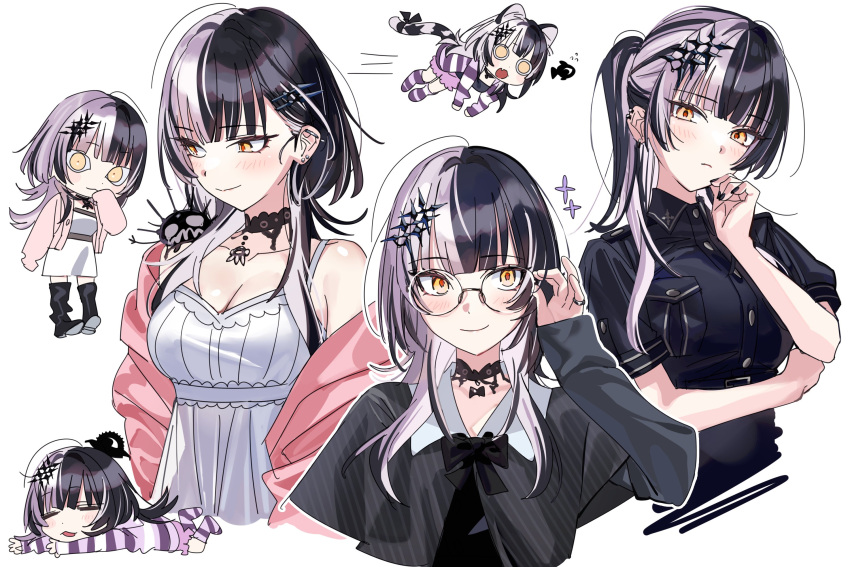 1girl alternate_costume black_hair breasts chibi cleavage glasses grey_hair hair_ornament highres hololive hololive_english medium_breasts multicolored_hair multiple_views ponytail round_eyewear shiori_novella solo split-color_hair two-tone_hair virtual_youtuber yellow_eyes yomosaka