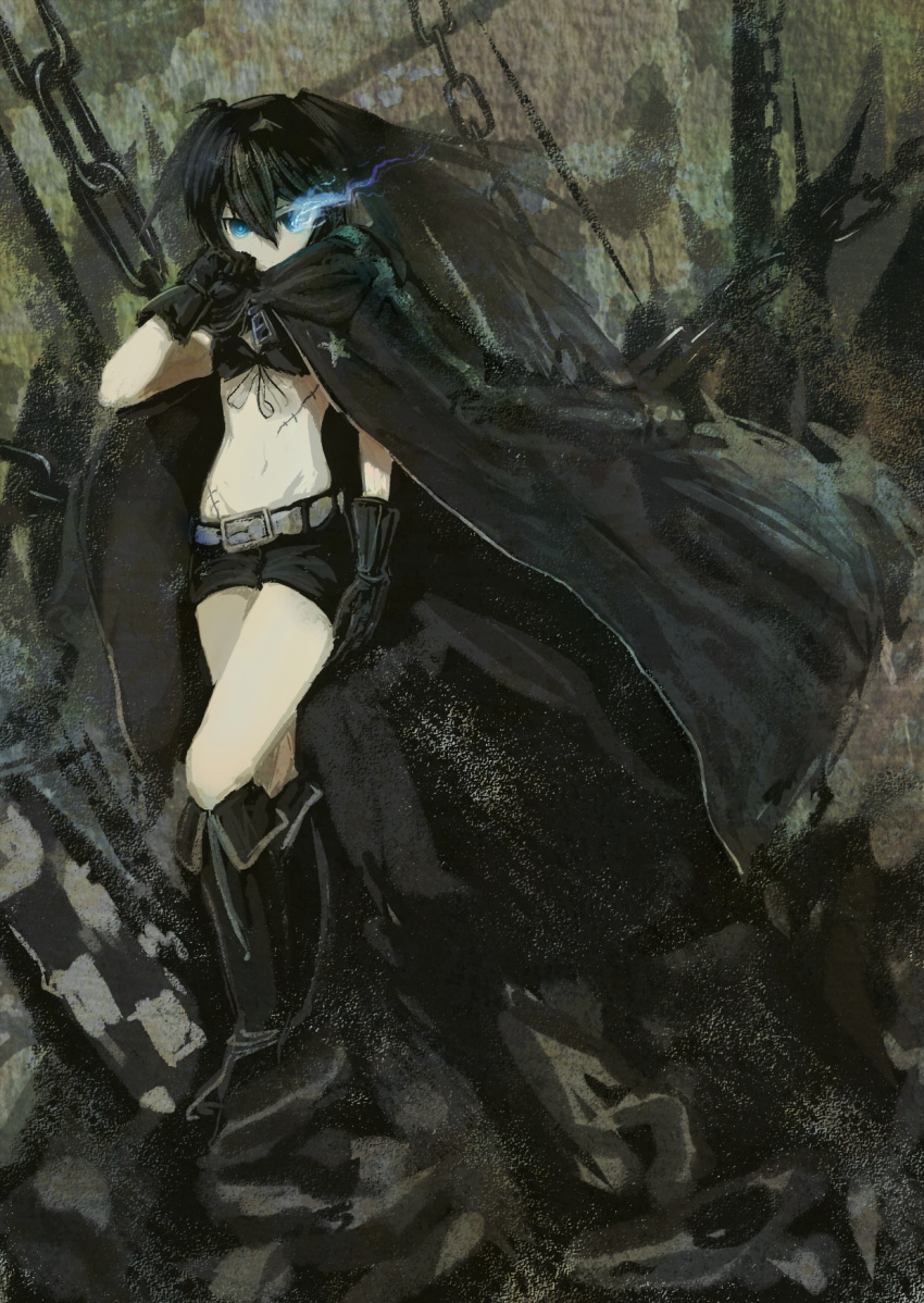 1girl belt black_footwear black_gloves black_hair black_rock_shooter black_rock_shooter_(character) black_shorts blue_eyes chain cloak commentary forte full_body gloves glowing glowing_eye hair_between_eyes highres long_hair looking_at_viewer navel shorts solo twintails