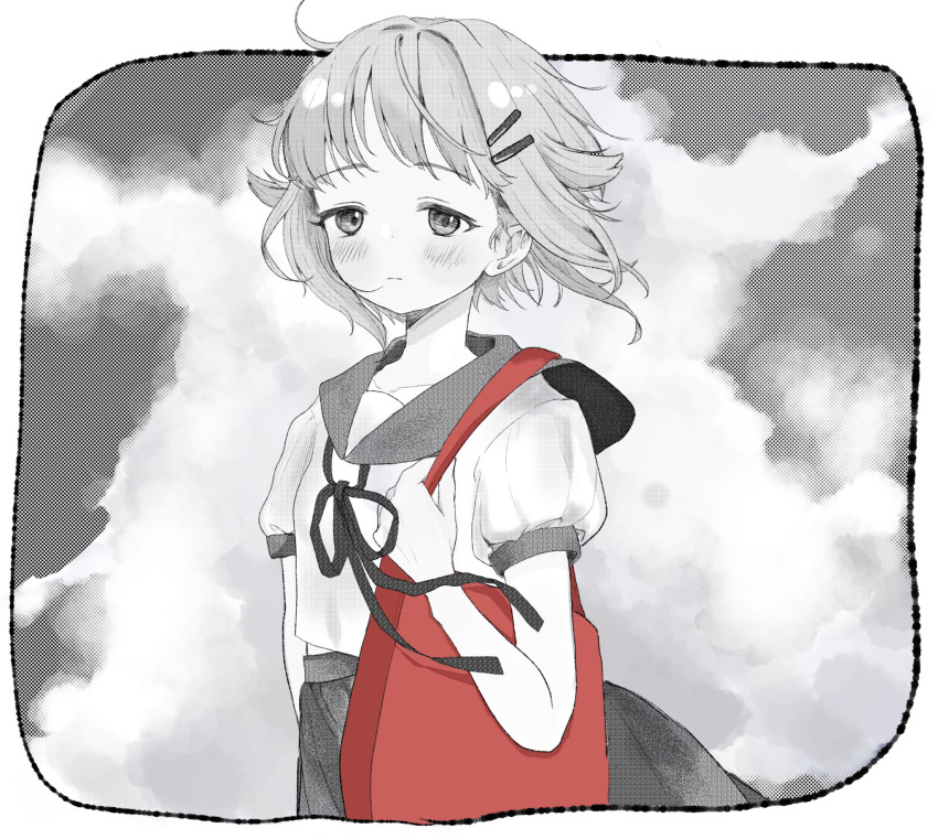 1girl blush commentary_request floating_hair greyscale hair_flaps highres idolmaster idolmaster_cinderella_girls koshimizu_sachiko looking_at_viewer monochrome neck_ribbon red_bag ribbon school_uniform serafuku short_hair short_sleeves solo spot_color wanwanpaccoro