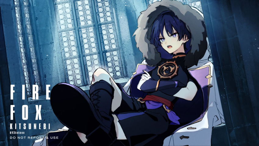 1boy armor black_footwear blue_hair boots coat coat_on_shoulders crossed_arms crossed_legs fur-trimmed_coat fur_trim genshin_impact highres hood hood_up hooded_coat japanese_armor japanese_clothes kitsunebi_v3kokonn kote kurokote male_focus mixed-language_commentary open_mouth purple_eyes scaramouche_(genshin_impact) sitting solo white_coat window