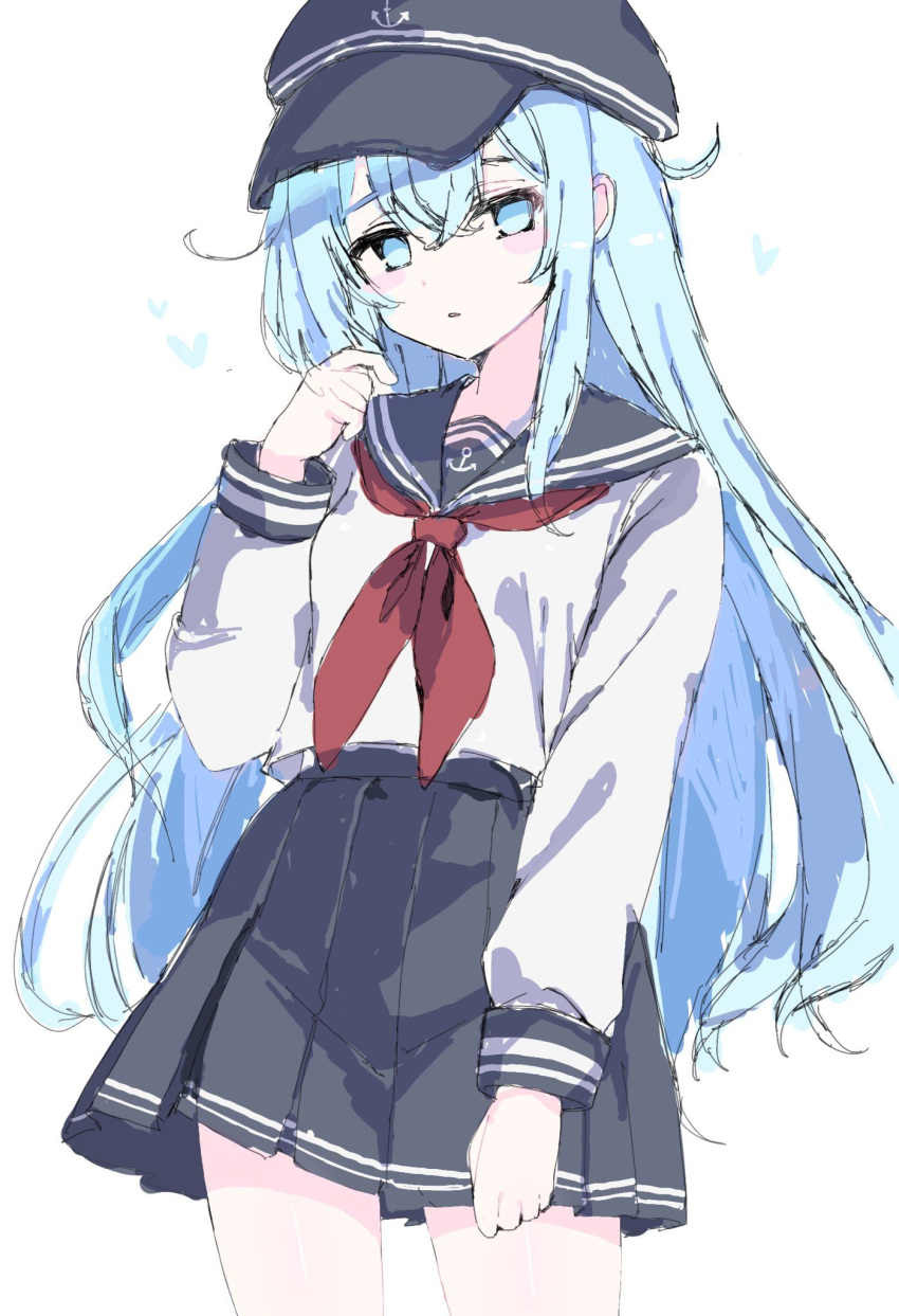 125_riakoi2 1girl anchor_symbol black_sailor_collar black_skirt blue_eyes blue_hair flat_cap hair_between_eyes hat heart hibiki_(kancolle) highres kantai_collection light_blue_hair long_hair long_sleeves looking_at_viewer neckerchief parted_lips pleated_skirt red_neckerchief sailor_collar school_uniform serafuku simple_background skirt solo very_long_hair white_background