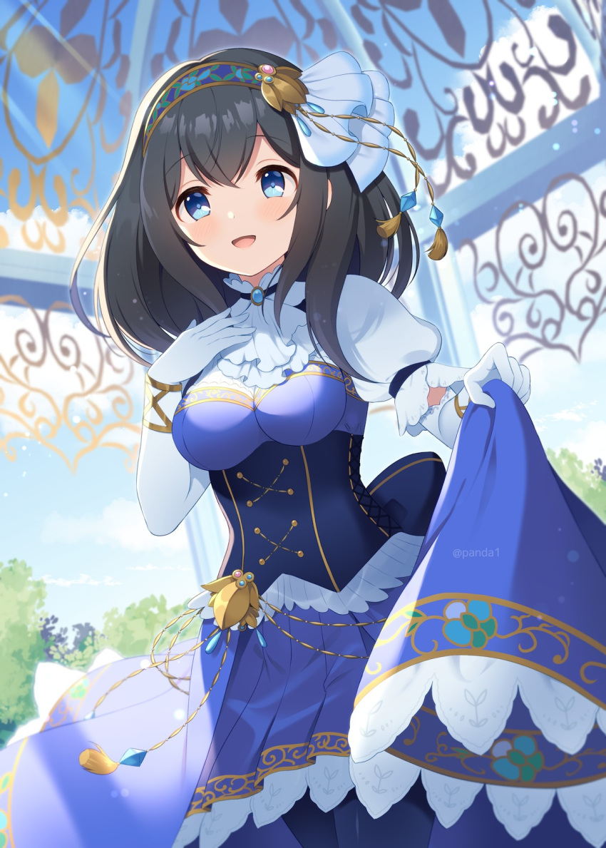 1girl ascot black_corset black_hair black_pantyhose blue_brooch blue_eyes blurry blurry_background blush brooch commentary_request corset cowboy_shot cross-laced_clothes cross-laced_corset dress elbow_gloves gloves gold_trim hair_ornament hairband hand_on_own_chest hands_up highres idolmaster idolmaster_cinderella_girls jewelry komi_zumiko looking_at_viewer medium_hair open_mouth outdoors overskirt pantyhose partial_commentary pleated_skirt puffy_short_sleeves puffy_sleeves purple_dress purple_skirt sagisawa_fumika shirt short_sleeves skirt skirt_hold smile solo tassel white_ascot white_gloves white_shirt