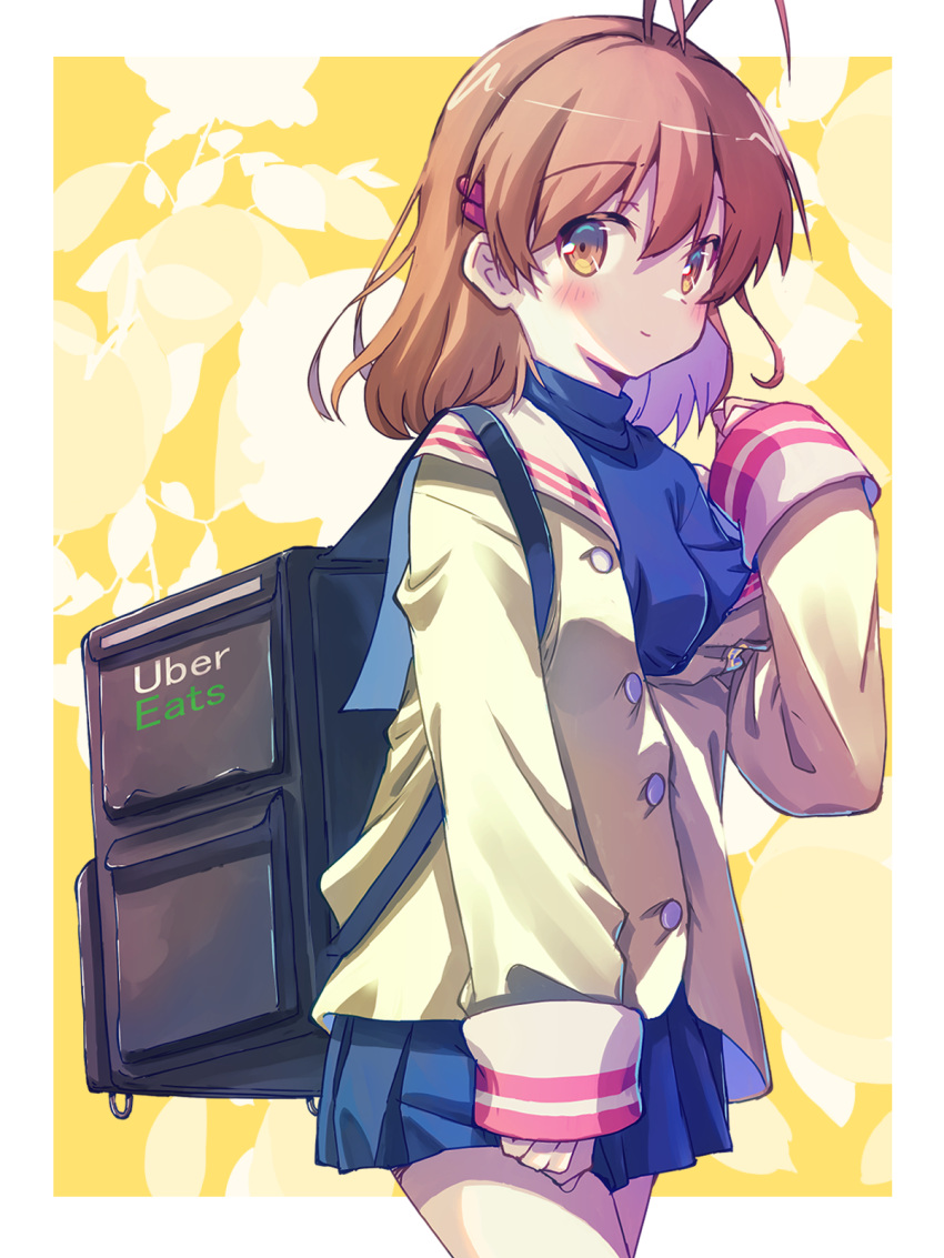 1girl akayama_yukihe antenna_hair backpack bag blue_shirt blue_skirt brown_eyes brown_hair clannad cowboy_shot furukawa_nagisa hair_ornament hairclip highres hikarizaka_private_high_school_uniform jacket looking_at_viewer sailor_collar school_uniform shirt skirt sleeves_past_wrists solo uber_eats undershirt white_sailor_collar yellow_jacket