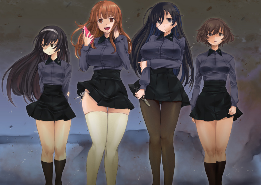 4girls absurdres ahoge akiyama_yukari arms_behind_back arms_under_breasts black_eyes black_hair black_skirt blunt_bangs breasts brown_eyes brown_hair cellphone commentary commission dress_shirt gardening_shears girls_und_panzer grey_shirt highres insignia isuzu_hana kuromorimine_school_uniform large_breasts long_hair looking_to_the_side multiple_girls nabeyu orange_eyes orange_hair panties pantyhose phone pixiv_commission reizei_mako school_uniform shaded_face shirt short_hair side-tie_panties skirt smartphone smoke takebe_saori thighhighs thighs underwear wind wind_lift wing_collar