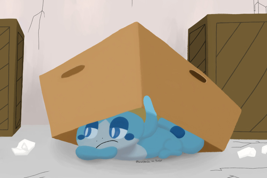 ambiguous_gender blue_body blue_eyes box chameleon concrete concrete_floor concrete_wall container digital_media_(artwork) feral generation_8_pokemon hiding lineless lizard lunarpanda8686 nintendo paper pokemon pokemon_(species) reptile scalie simple_background sobble solo tail wall_(structure)