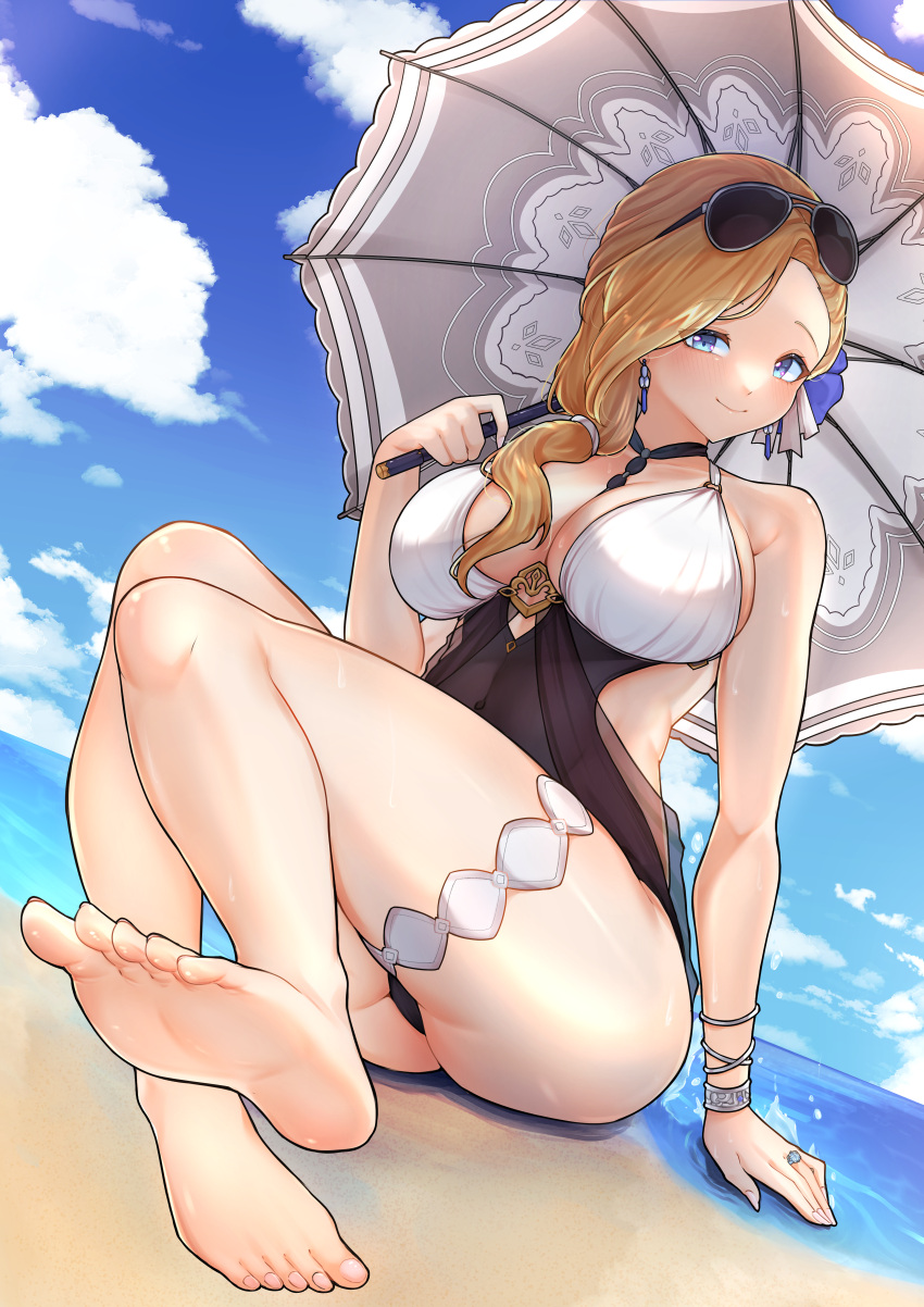 1girl absurdres azur_lane bare_shoulders barefoot beach black_choker blonde_hair blue_eyes bracelet breasts choker cleavage closed_mouth covered_navel earrings eyewear_on_head flower full_body hair_over_shoulder hair_tie hibiscus highres holding holding_umbrella hood_(azur_lane) hood_(lady_of_the_shining_sun)_(azur_lane) jewelry kghazir large_breasts long_hair looking_at_viewer multicolored_clothes multicolored_swimsuit o-ring o-ring_swimsuit official_alternate_costume one-piece_swimsuit parasol ring side_ponytail sitting smile soles solo sunglasses swimsuit thigh_strap umbrella wedding_ring