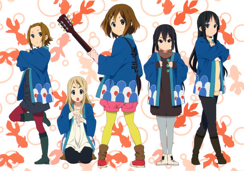 5girls akiyama_mio angry black_eyes black_hair blonde_hair blue_eyes boots brown_eyes brown_hair crossed_arms electric_guitar guitar hair_ornament hairband happi highres hime_cut hirasawa_yui horiguchi_yukiko instrument japanese_clothes k-on! k-on!_movie kneeling kotobuki_tsumugi long_hair looking_at_viewer looking_back looking_to_the_side multiple_girls nakano_azusa official_art open_mouth pantyhose round_teeth scan shoes smile sneakers standing standing_on_one_leg tainaka_ritsu teeth thick_eyebrows