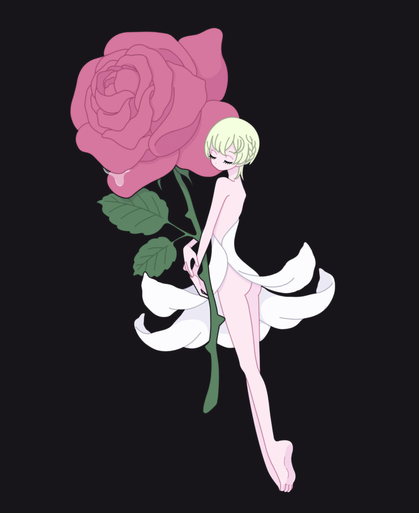 1boy androgynous ass barefoot black_background blonde_hair braid closed_eyes dress expressionless facing_viewer flower full_body highres holding holding_flower king_of_prism kisaragi_louis male_focus nyaasechan otoko_no_ko oversized_object pink_flower pink_rose pretty_rhythm pretty_series rose short_hair simple_background solo standing white_dress
