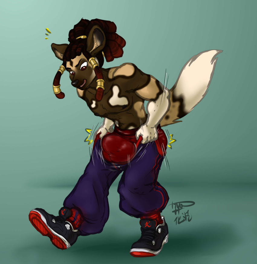 absurd_res african_wild_dog anthro balls_outline big_bulge biped bulge canid canine canis clothing detailed_bulge dreadlocks footwear genital_outline hair hanazawa hi_res male male_anthro mammal plantigrade shoes simple_background solo suprised_look tail wardrobe_malfunction yuma_(daiyo)