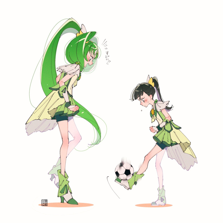 2girls aoi_tete artist_logo ball bike_shorts bike_shorts_under_skirt black_hair black_shorts blouse boots closed_mouth cosplay cure_march cure_march_(cosplay) gloves green_eyes green_footwear green_hair green_shirt green_skirt hair_ornament half_gloves high_ponytail highres kicking leaning_forward light_frown long_hair looking_at_another magical_girl midorikawa_nao miniskirt motion_blur multiple_girls open_mouth pleated_skirt ponytail precure shirt shorts simple_background skirt smile smile_precure! soccer_ball standing standing_on_one_leg sweatdrop tiara translated very_long_hair white_background white_gloves