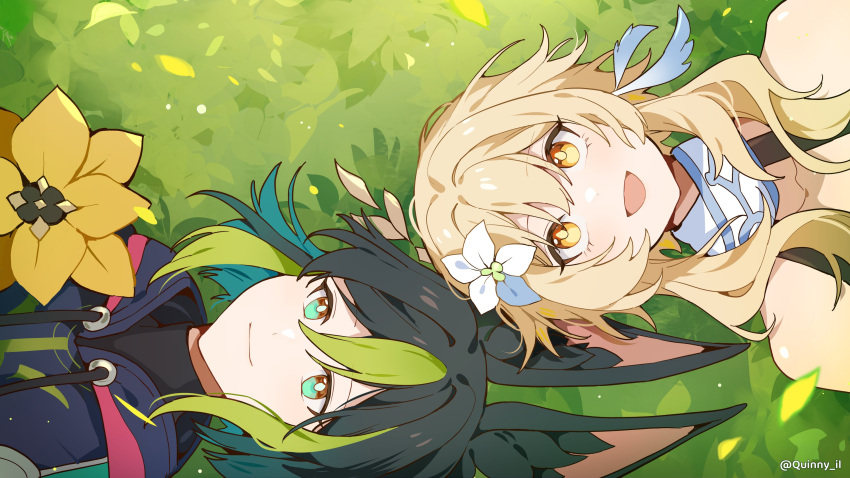 1boy 1girl animal_ears blonde_hair couple flower flower_brooch fox_boy fox_ears from_above gem genshin_impact green_eyes green_hair hair_flower hair_ornament hetero highres looking_up lumine_(genshin_impact) lying multicolored_hair on_back on_grass open_mouth quinny_il short_hair smile streaked_hair tighnari_(genshin_impact) upper_body yellow_eyes