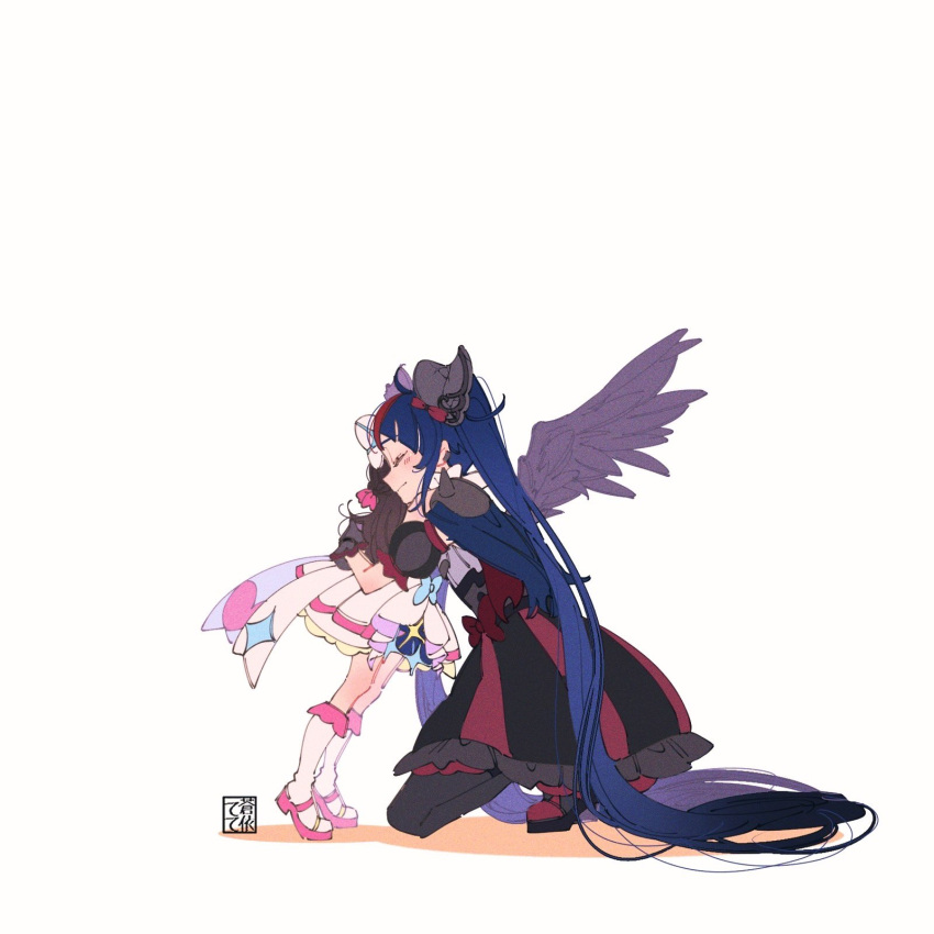 2girls aoi_tete artist_logo black_dress black_hair black_wings blue_cape blue_hair boots bow cape closed_eyes closed_mouth commentary corruption cosplay cure_prism cure_prism_(cosplay) cure_sky dark_cure_sky dark_persona detached_sleeves dress dress_bow earclip feathered_wings frilled_dress frills from_side gloves grey_gloves grey_thighhighs hair_bow highres hirogaru_sky!_precure hug knee_boots kneeling leaning_forward long_hair multicolored_hair multiple_girls precure puffy_detached_sleeves puffy_sleeves red_bow red_dress red_footwear red_hair shadow simple_background single_wing sleeveless sleeveless_dress smile spiked_pauldrons standing thighhighs tiptoes torn_cape torn_clothes two-tone_dress two-tone_hair very_long_hair white_background white_bow white_dress white_footwear wing_hair_ornament wings