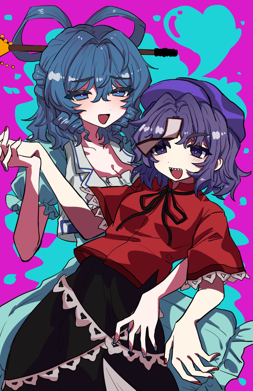 2girls absurdres black_skirt blue_eyes blue_hair breasts chisel cleavage commentary_request drill_hair drill_sidelocks hair_ornament hair_rings hair_stick highres kaku_seiga miyako_yoshika multiple_girls oyatu_yatu pink_background purple_eyes purple_hair red_shirt shirt short_hair short_sleeves sidelocks skirt teeth touhou upper_teeth_only