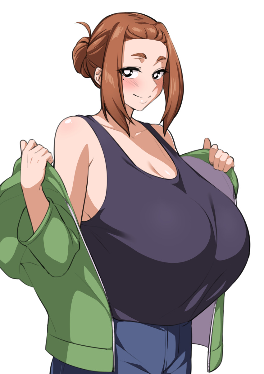 1girl absurdres apron black_tank_top blue_apron blue_pants blush breasts brown_eyes brown_hair cleavage closed_mouth egoha. green_hoodie green_jacket hair_bun highres hood hoodie huge_breasts jacket kaii_to_otome_to_kamigakushi looking_at_viewer mole mole_under_eye ogawa_sumireko open_clothes open_jacket pants shirt sidelocks smile solo tank_top thick_eyebrows undressing upper_body white_background