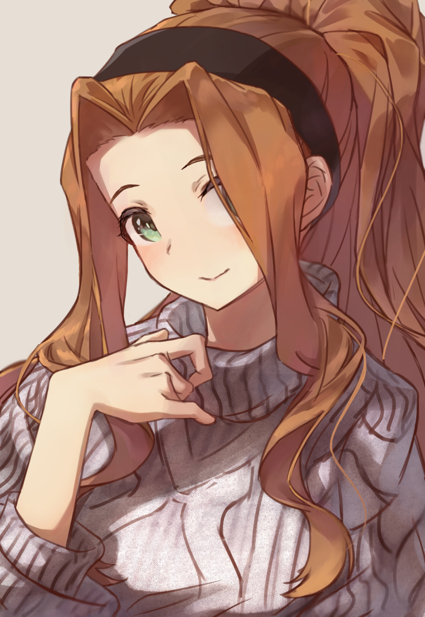 1girl absurdres black_hairband brown_hair closed_mouth curtained_hair dot_nose green_eyes grey_background grey_sweater hair_over_one_eye hair_over_shoulder hairband hand_on_own_neck head_tilt high_ponytail highres idolmaster idolmaster_million_live! idolmaster_million_live!_theater_days light_blush light_smile long_hair looking_at_viewer nikaidou_chizuru shirafu_ne sidelocks simple_background solo sweater upper_body very_long_hair wavy_hair