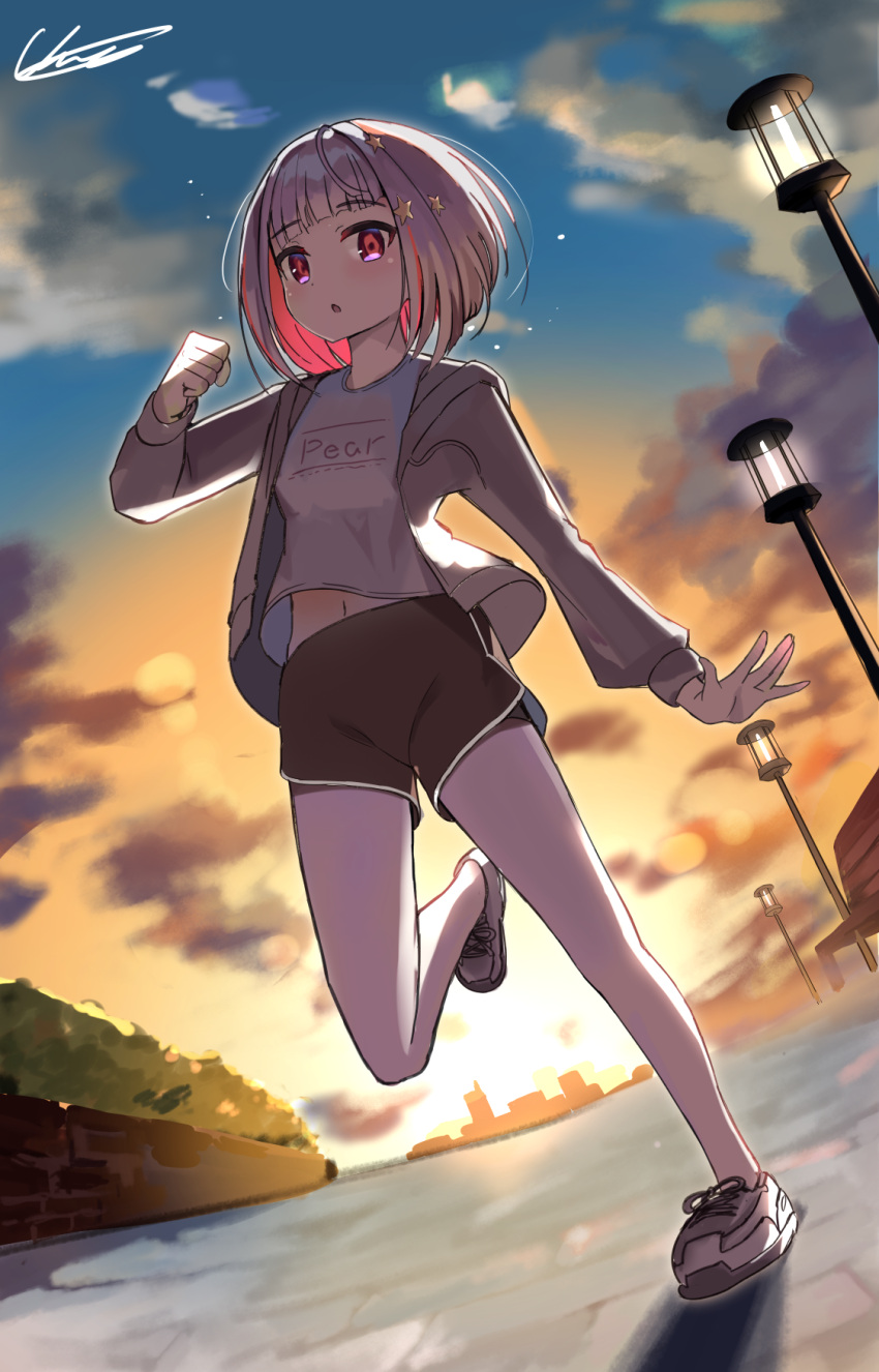 1girl :o backlighting black_shorts bob_cut clenched_hand cloud colored_inner_hair commentary diagonal_bangs gradient_sky grey_footwear grey_hair grey_jacket hair_ornament hand_up highres hood hooded_jacket inverted_bob jacket lamppost link!_like!_love_live! looking_at_viewer love_live! midriff_peek multicolored_hair navel open_clothes open_jacket outstretched_hand red_eyes red_hair running shirt shoes short_hair short_shorts shorts signature sky sneakers solo star_(symbol) star_hair_ornament streaked_hair sunset sweat t-shirt two-tone_footwear uno_(unoirasuto) white_footwear white_shirt yugiri_tsuzuri