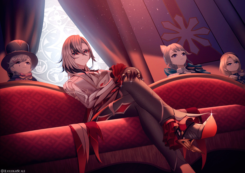 2boys 2girls absurdres animal_ears arlecchino_(genshin_impact) black_footwear black_pants blonde_hair blue_eyes cat_ears cat_girl closed_mouth commentary couch crossed_legs freminet_(genshin_impact) frilled_sleeves frills genshin_impact grey_hair grey_jacket high_heels highres jacket light_brown_hair long_hair long_sleeves lynette_(genshin_impact) lyney_(genshin_impact) multiple_boys multiple_girls on_couch pants purple_eyes rayleigh_scale short_hair sitting symbol-shaped_pupils x-shaped_pupils