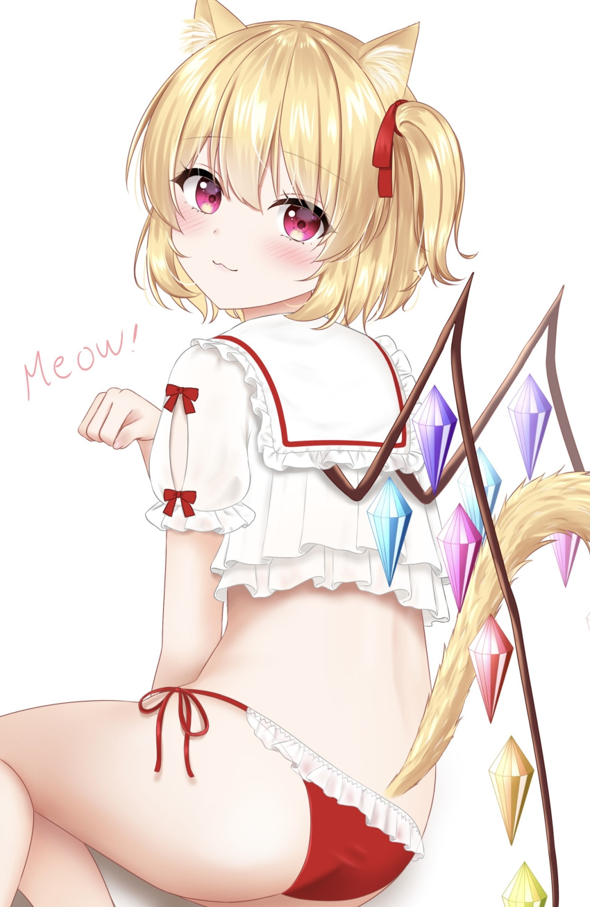 1girl :3 absurdres alternate_costume alternate_hair_length alternate_hairstyle animal_ear_fluff animal_ears ass back blonde_hair blush cat_day cat_ears cat_girl cat_tail closed_mouth commentary_request crystal english_text feet_out_of_frame flandre_scarlet frilled_panties frilled_shirt frilled_shirt_collar frills from_behind hair_between_eyes hair_ribbon hand_up highres kemonomimi_mode looking_at_viewer looking_back nyanyanoruru one_side_up panties paw_pose puffy_short_sleeves puffy_sleeves rainbow_order red_eyes red_panties red_ribbon ribbon shirt short_hair short_sleeves side-tie_panties simple_background sitting smile solo tail tail_raised touhou underwear white_background white_shirt wings yokozuwari