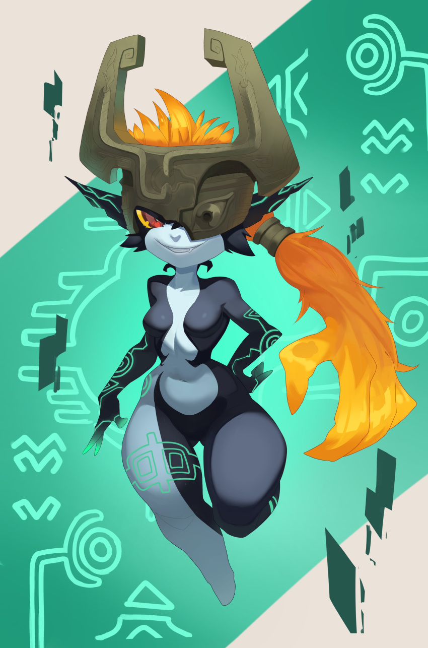 absurd_res armor breasts featureless_breasts featureless_crotch female hair headgear helmet hi_res humanoid humanoid_pointy_ears imp long_hair looking_at_viewer markings midna nintendo not_furry red_eyes roxythefoxy smile solo the_legend_of_zelda twili twilight_princess