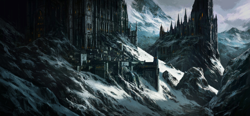 architecture building castle cathedral church city cloud cloudy_sky concept_art dark_souls_(series) dark_souls_iii european_architecture fantasy gothic_architecture highres landscape mountain no_humans outdoors ruipadinha scenery sky snow spire tower