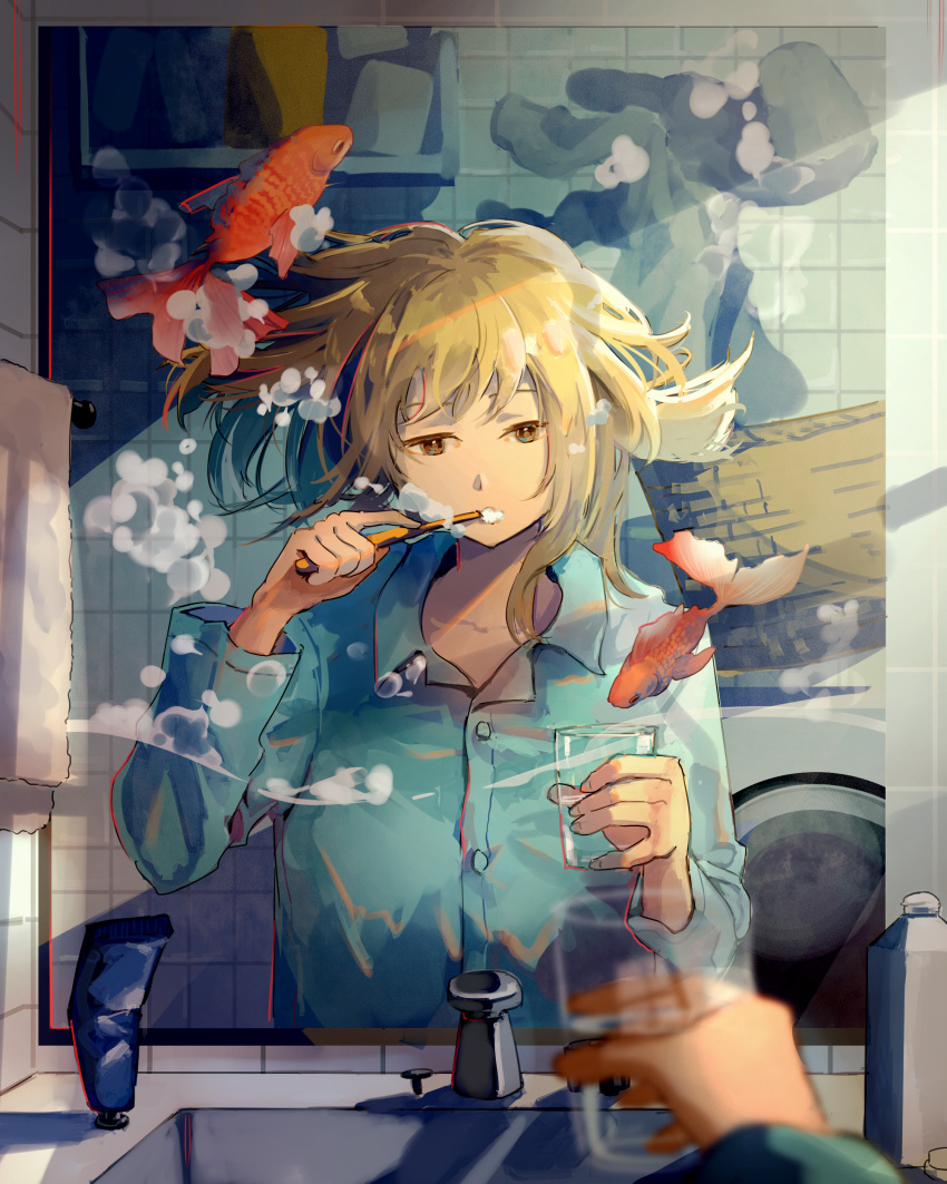 1girl 23el absurdres aqua_shirt bathroom blonde_hair blurry breasts bubble collared_shirt commentary cup depth_of_field different_reflection fish goldfish hand_up highres holding holding_cup holding_toothbrush large_breasts long_sleeves looking_afar looking_at_mirror medium_hair mirror original pajamas pov reflection shirt solo toothbrush underwater upper_body yellow_eyes