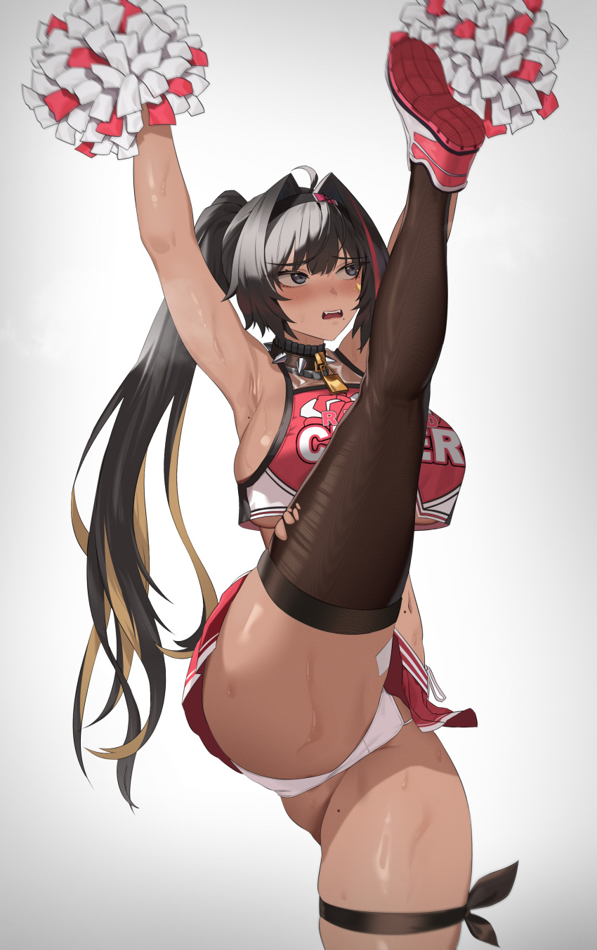 1girl absurdres ahoge armpits arms_up ass bandaid bandaid_on_leg bay_(nikke) black_eyes black_hair black_socks black_thighhighs blonde_hair blush breasts cheerleader collar colored_inner_hair crop_top dark-skinned_female dark_skin facial_tattoo goddess_of_victory:_nikke hair_intakes hairband highres large_breasts leg_up long_hair mole mole_on_leg mole_on_stomach mole_under_eye mole_under_mouth multicolored_hair open_mouth panties pom_pom_(cheerleading) ponytail pumi_puru red_hair red_shirt red_skirt shirt shoes sideboob single_thighhigh skindentation skirt sneakers socks solo spiked_collar spikes split standing standing_on_one_leg standing_split star_tattoo streaked_hair sweat tattoo teeth thick_thighs thigh_strap thighhighs thighs torn_clothes torn_socks torn_thighhighs underboob underwear upper_teeth_only white_panties