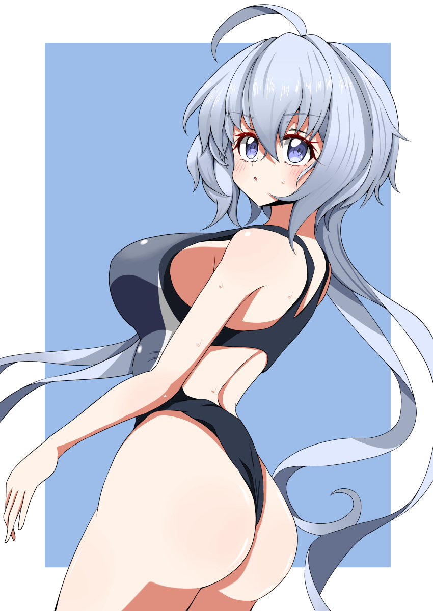 1girl 9ma_(9matohibari) absurdres ahoge ass blue_eyes blue_one-piece_swimsuit breasts competition_swimsuit criss-cross_back-straps from_behind highleg highleg_swimsuit highres large_breasts long_hair looking_at_viewer looking_back low_twintails lydian_academy_swimsuit one-piece_swimsuit senki_zesshou_symphogear shiny_clothes shiny_skin solo standing sweat swimsuit twintails very_long_hair yukine_chris