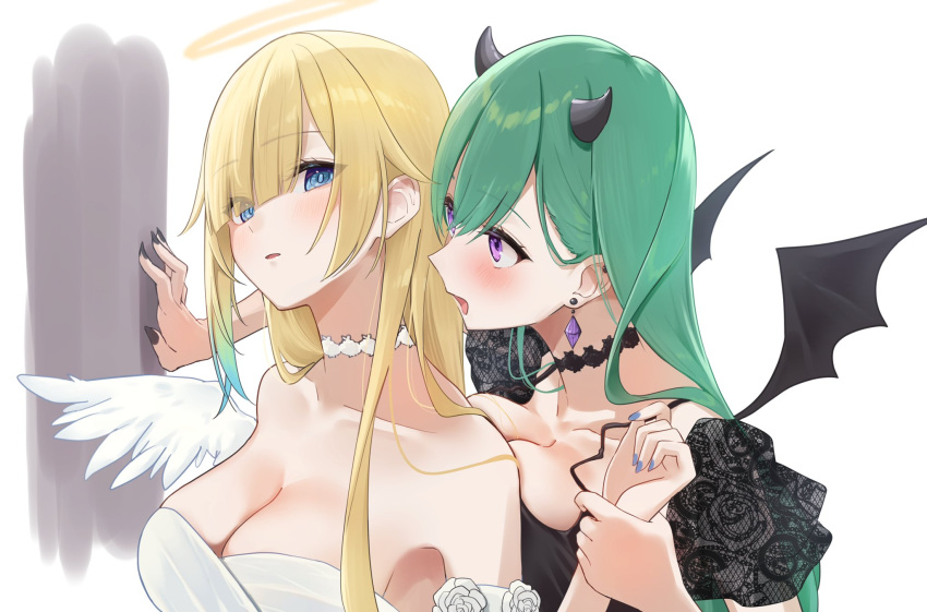 2girls :d aizawa_ema alternate_costume angel_wings asymmetrical_bangs asymmetrical_sidelocks bare_shoulders bat_wings black_choker black_dress black_nails blonde_hair blue_eyes blue_hair blue_nails blush breasts choker cleavage detached_sleeves dress earrings fingernails floral_print_sleeves green_hair hair_between_eyes halo hand_on_wall hashtag-only_commentary highres holding_another's_wrist horns jewelry lace lace_choker lace_sleeves large_breasts looking_at_another medium_breasts multiple_girls nisi_ki_no open_mouth puffy_short_sleeves puffy_sleeves purple_eyes short_sleeves single_earring smile tongue virtual_youtuber vspo! white_choker wings yakumo_beni