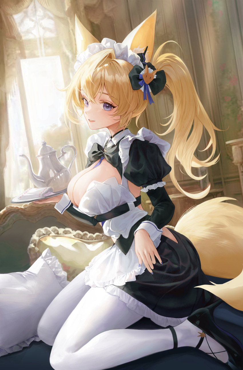 1girl absurdres animal_ears apron black_bow black_bowtie black_dress blonde_hair blue_eyes bow bowtie breasts dora_(garyeong) dress fox_ears frilled_apron frilled_dress frilled_hairband frills hairband high_heels highres holding holding_tray indoors juliet_sleeves large_breasts long_sleeves maid maid_apron maid_headdress original pantyhose parted_lips puffy_sleeves solo tray white_apron white_headdress white_pantyhose