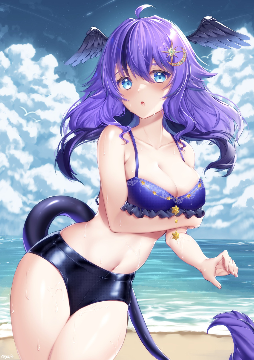 1girl :o absurdres ahoge arm_under_breasts beach bikini blue_eyes blush breasts crescent crescent_hair_ornament crymsie day hair_ornament head_wings highres indie_virtual_youtuber kin_(vtuber) long_hair looking_at_viewer medium_breasts navel outdoors purple_hair second-party_source solo star_(symbol) star_hair_ornament swimsuit tail virtual_youtuber water wet wings