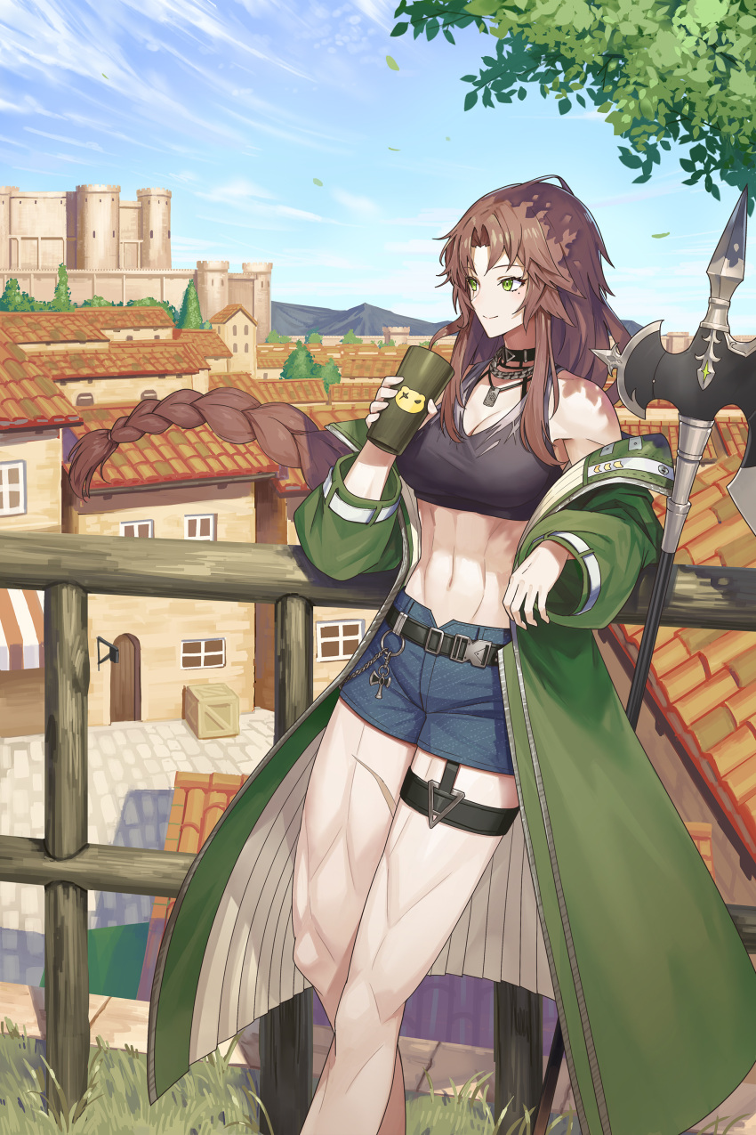 1girl absurdres against_railing axe bare_shoulders battle_axe belt black_belt black_choker black_sports_bra blue_shorts blue_sky borrowed_character breasts brown_hair building castle chain_necklace choker cleavage closed_mouth cloud coat collarbone commentary_request commission cup day denim denim_shorts floating_hair green_coat green_eyes highres holding holding_axe holding_cup house jewelry large_breasts long_hair long_sleeves low-braided_long_hair low-tied_long_hair midriff mole mole_under_eye mountainous_horizon mytea_(soso) navel necklace off_shoulder open_clothes open_coat original outdoors parted_bangs railing road scar scar_across_eye scar_on_leg short_shorts shorts sidelocks skeb_commission sky smile solo sports_bra standing street thigh_strap toned town tree weapon wooden_railing
