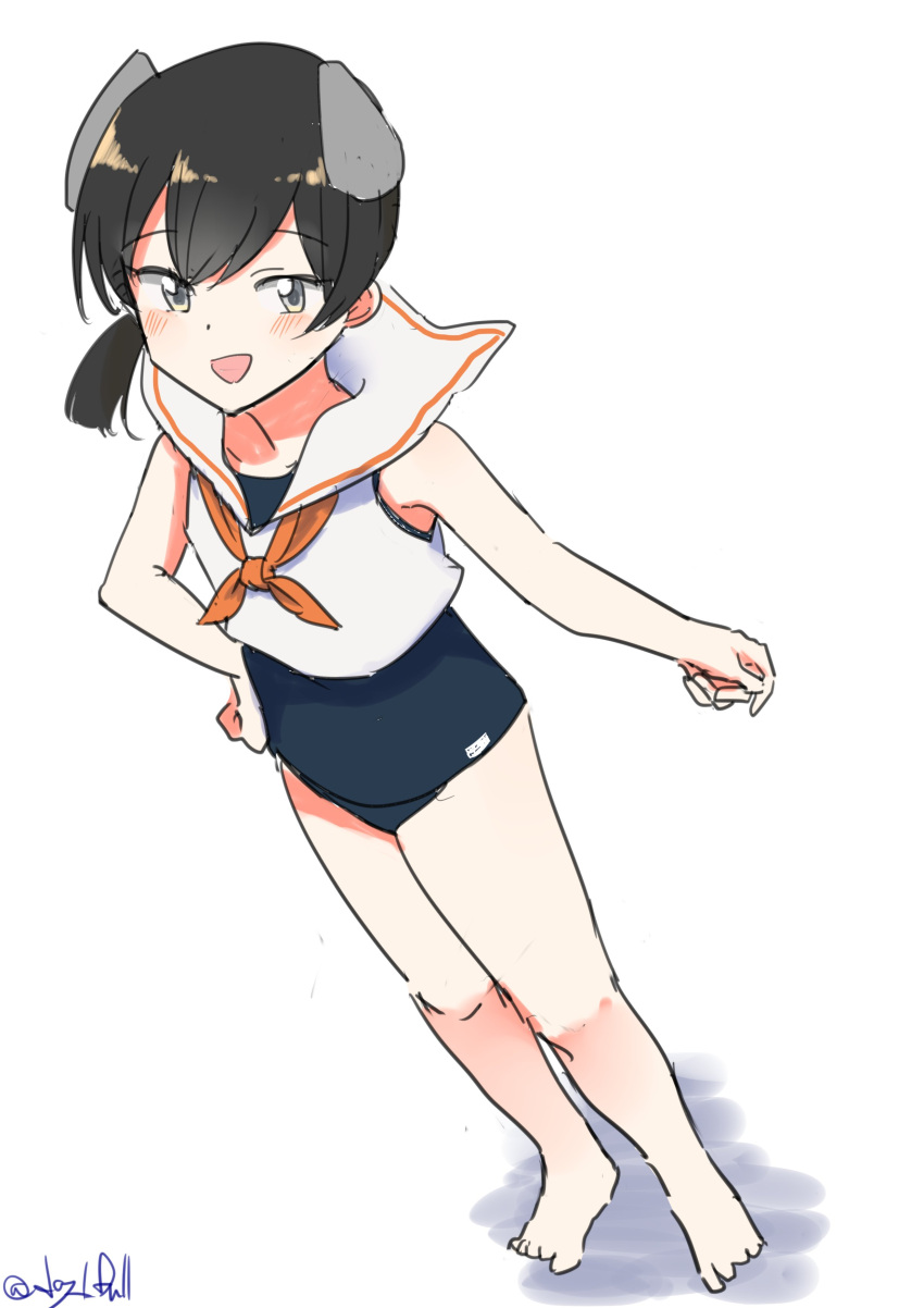 1girl absurdres black_eyes black_hair blue_one-piece_swimsuit blush dated full_body headgear highres i-41_(kancolle) kantai_collection looking_at_viewer neckerchief one-piece_swimsuit open_mouth orange_neckerchief robinson_(day_l_full) sailor_collar sailor_shirt school_swimsuit shadow shirt short_hair sleeveless sleeveless_shirt smile solo swimsuit swimsuit_under_clothes white_background white_sailor_collar