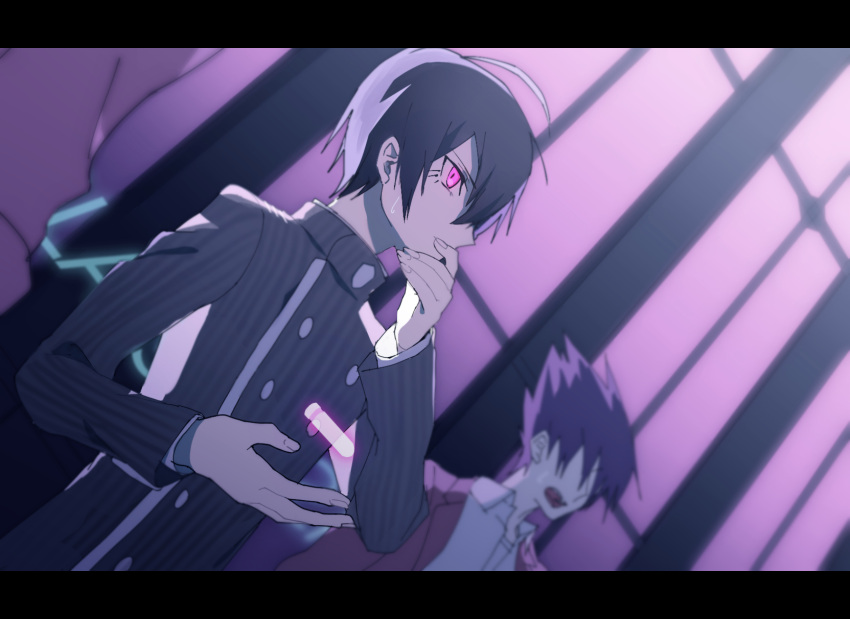 2boys black_hair bullet buttons chromatic_aberration coat coattails collared_coat collared_jacket commentary_request covered_mouth danganronpa_(series) danganronpa_v3:_killing_harmony double-breasted dutch_angle eyelashes fingernails grey_jacket grey_sleeves hair_over_one_eye hand_on_own_chin highres indoors jacket layered_sleeves letterboxed long_sleeves male_focus momota_kaito multiple_boys nagichiro open_clothes open_coat open_mouth outstretched_hand pink_coat pink_eyes pinstripe_jacket pinstripe_pattern purple_hair saihara_shuichi shirt short_hair solo_focus spiked_hair sweatdrop teeth upper_teeth_only vertical-striped_sleeves white_jacket white_shirt window