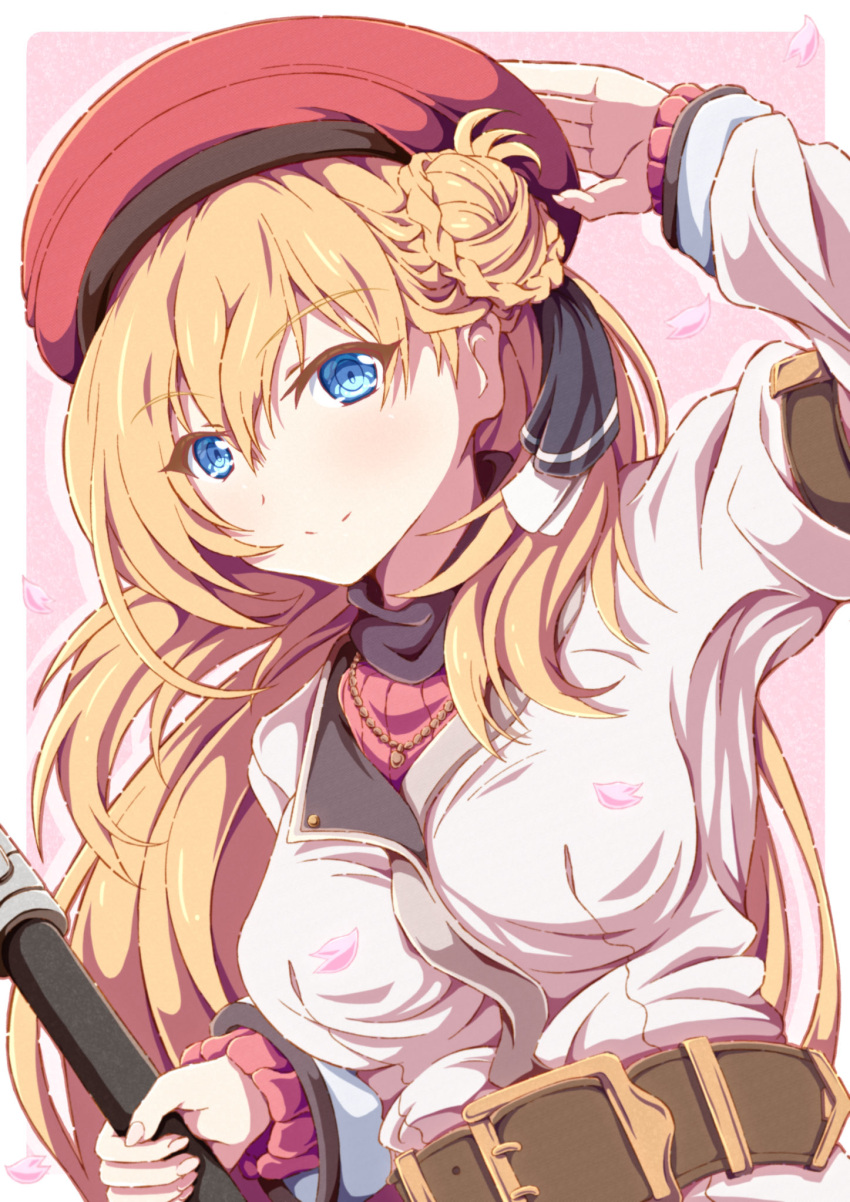 1girl agnes_claudel beret binzume_suika blonde_hair blue_eyes braid braided_bun coat double-parted_bangs eiyuu_densetsu hair_between_eyes hair_bun hat highres holding holding_staff jewelry kuro_no_kiseki kuro_no_kiseki_ii long_hair mage_staff necklace ribbed_sweater smile solo staff sweater