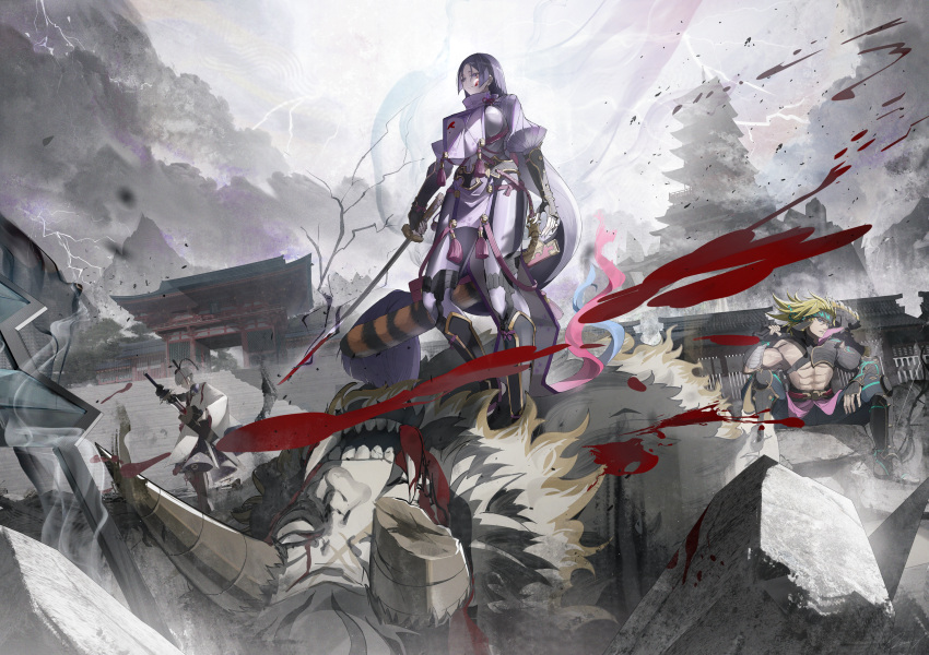 1girl 2boys abs arm_guards armor axe bare_pectorals blonde_hair blue_eyes bodysuit bowl_cut breasts chest_harness fate/grand_order fate_(series) fingerless_gloves gloves grey_hair hadanugi_dousa harness hat headband heian highres holding holding_axe huge_breasts igote japanese_armor japanese_clothes kote long_hair looking_at_viewer low-tied_long_hair minamoto_no_raikou_(fate) multiple_boys muscular muscular_male official_alternate_costume over_shoulder parted_bangs pectorals purple_bodysuit purple_eyes purple_hair ribbed_sleeves rope sakata_kintoki_(fate) sakata_kintoki_(heian_warrior_attire)_(fate) short_hair single_bare_shoulder very_long_hair watanabe_no_tsuna_(fate) weapon weapon_over_shoulder yukai_nao
