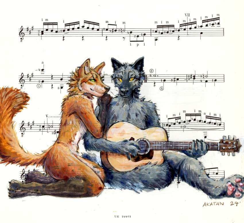 absurd_res akatan_art anthro canid dated duo eye_contact fur gloves_(marking) green_eyes grey_body grey_fur hi_res leg_markings looking_at_another male mammal markings mouth_closed nude orange_body orange_fur orange_tail pawpads red_pawpads signature sitting socks_(marking) tail white_body white_fur yellow_eyes