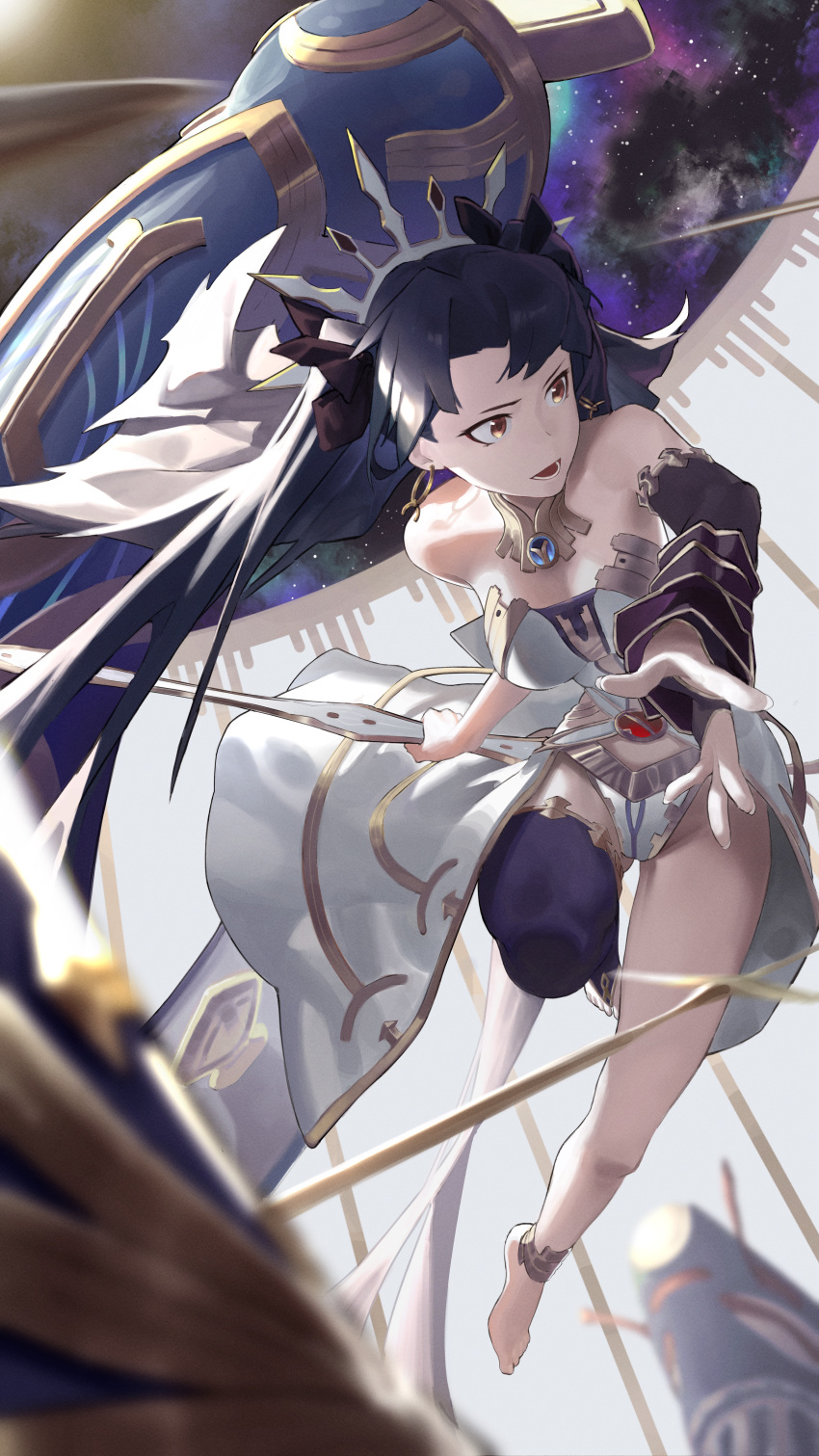 1girl absurdres arm_warmers armlet asymmetrical_legwear asymmetrical_sleeves bare_shoulders black_hair breasts detached_sleeves earrings elbow_gloves fate/grand_order fate_(series) gloves hair_ribbon heavenly_boat_maanna highres hoop_earrings ishtar_(fate) jewelry long_hair long_legs medium_breasts neck_ring open_mouth parted_bangs red_eyes ribbon single_arm_warmer single_detached_sleeve single_elbow_glove single_thighhigh solo thighhighs tiara two_side_up uneven_legwear uneven_sleeves user_cxsr8755