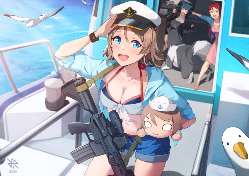 3girls anchor_symbol artist_name assault_rifle bird blue_bra blue_eyes blue_jacket blue_shorts boat bra character_request eotech gun h&amp;k_hk416 hat highres hiroki_ree jacket looking_at_viewer love_live! love_live!_sunshine!! magazine_(weapon) multiple_girls nesoberi ocean open_clothes open_jacket optical_sight rifle sailor_hat salute seagull shorts stomach underwear watanabe_you watercraft weapon